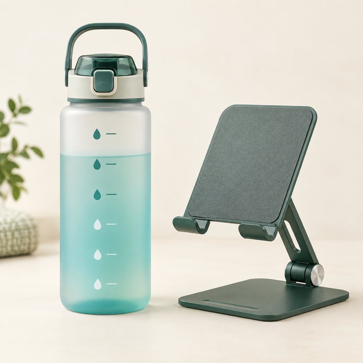 Hydration reminder bottle with a daily routine card